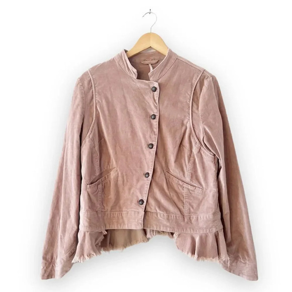 Free People Velvet Military Blazer Uncut Cord Jacket Ruffle Raw Hem Size‎ Medium